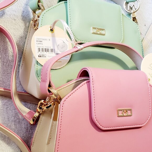 MATMAZEL "Palmy" Round Metal Buckle Hand & Shoulder, Crossbody Bag- Pink & Green - Picture 3 of 14